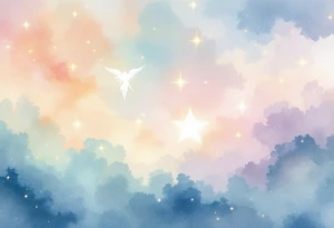 The Virgo stars constellation glow in soft gold across a watercolor pastel sky with a white silhouette of the Virgo goddess. tattoo idea