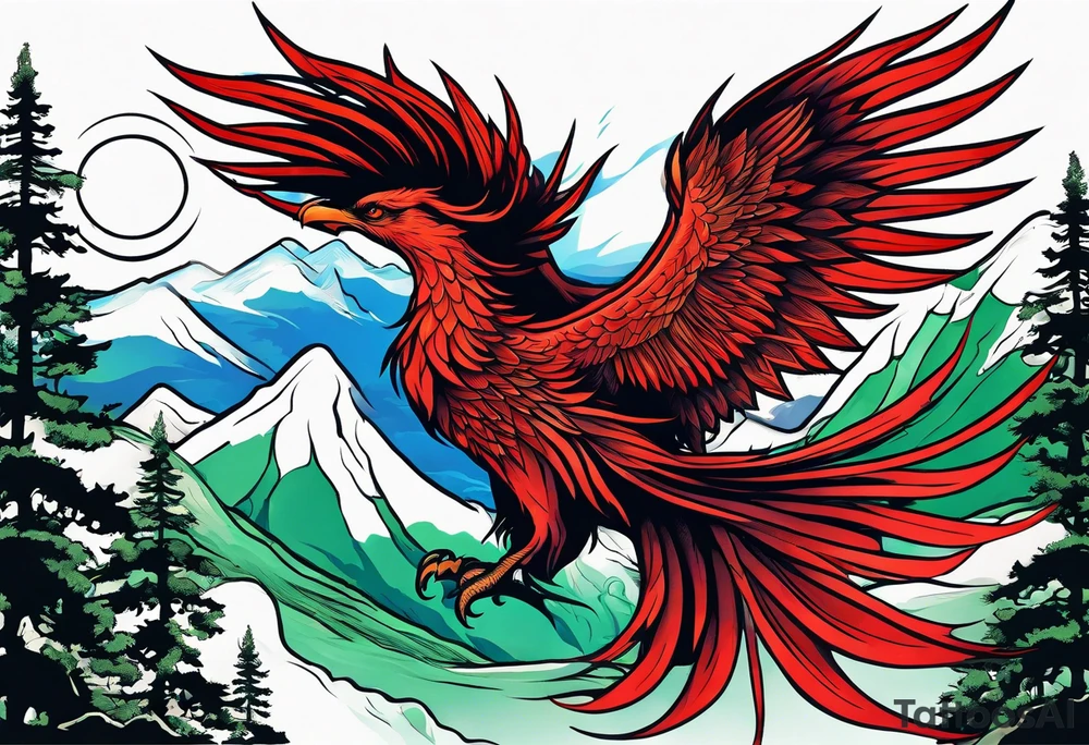 Blue and red Phoenix rising from the green ashes on a mountain tattoo idea
