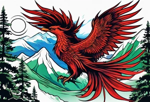 Blue and red Phoenix rising from the green ashes on a mountain tattoo idea