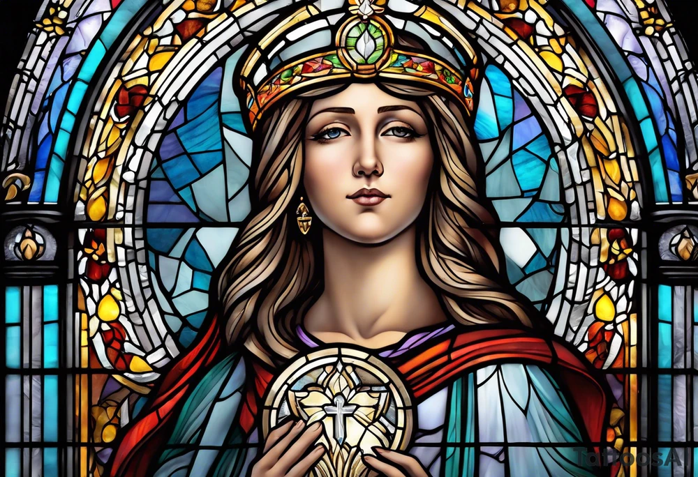 holy saint woman with halo stained glass holding a chalice tattoo idea