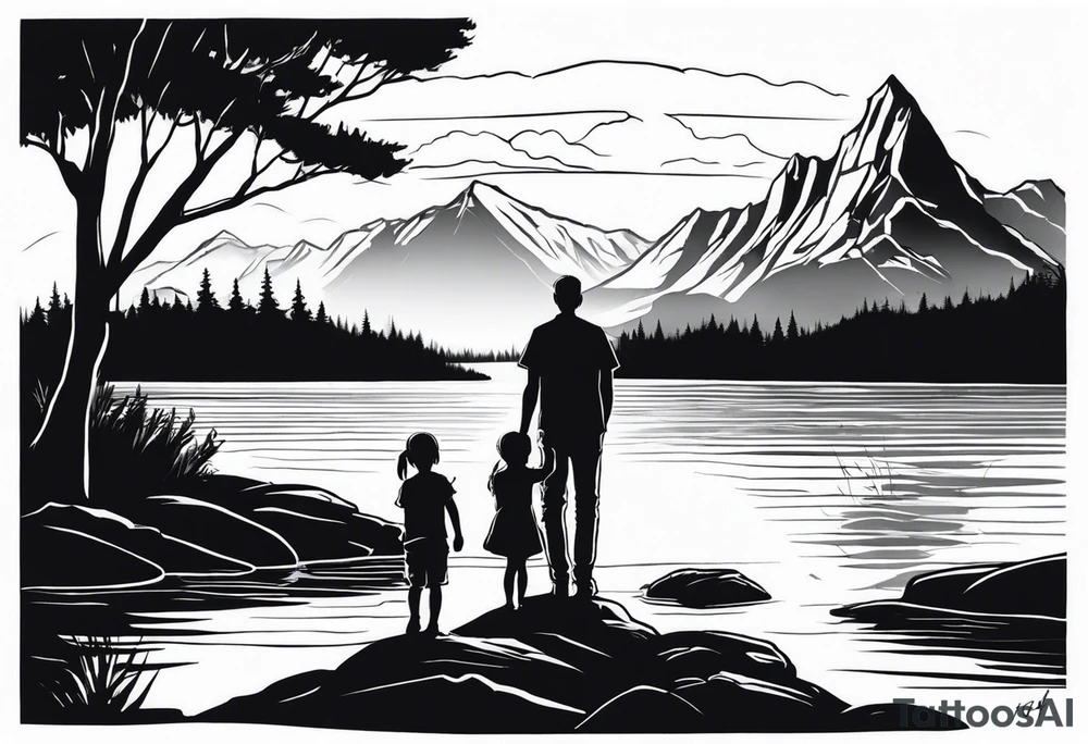 Father in between 6 year old daughter and 2 year old son. Standing by water with tree and mountains in front of them tattoo idea