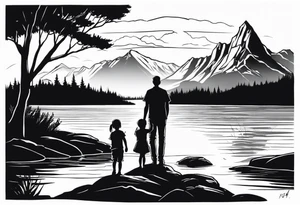 Father in between 6 year old daughter and 2 year old son. Standing by water with tree and mountains in front of them tattoo idea