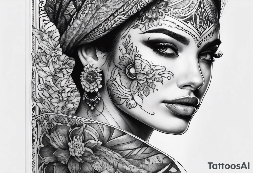 Woman’s face with half skeleton face tattoo idea