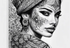 Woman’s face with half skeleton face tattoo idea