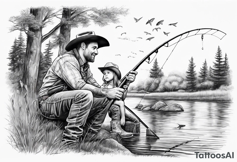 Father son and daughter fishing on the bank. The kids are young and wearing cowboy hats. tattoo idea