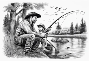 Father son and daughter fishing on the bank. The kids are young and wearing cowboy hats. tattoo idea