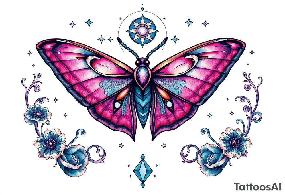 Delicate Luna moth surrounded by celestial accents tattoo idea