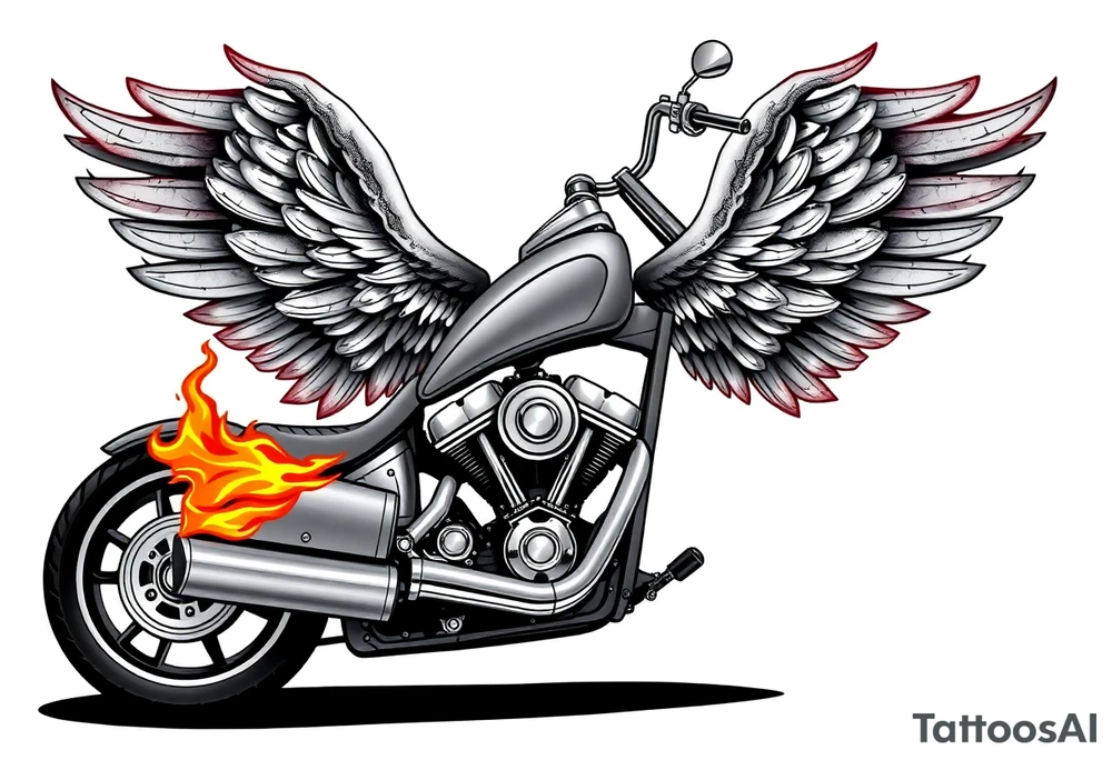 Low rider grey motorcycle, big muffler pipes with flames, angel wings tattoo idea