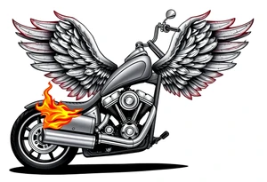 Low rider grey motorcycle, big muffler pipes with flames, angel wings tattoo idea