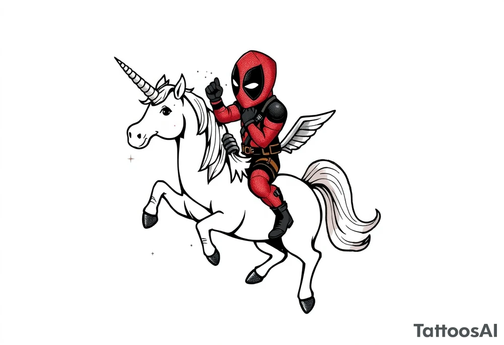 Silly glittery Deadpool riding unicorn  flipping off tattoo idea