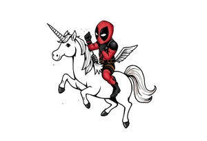 Silly glittery Deadpool riding unicorn  flipping off tattoo idea