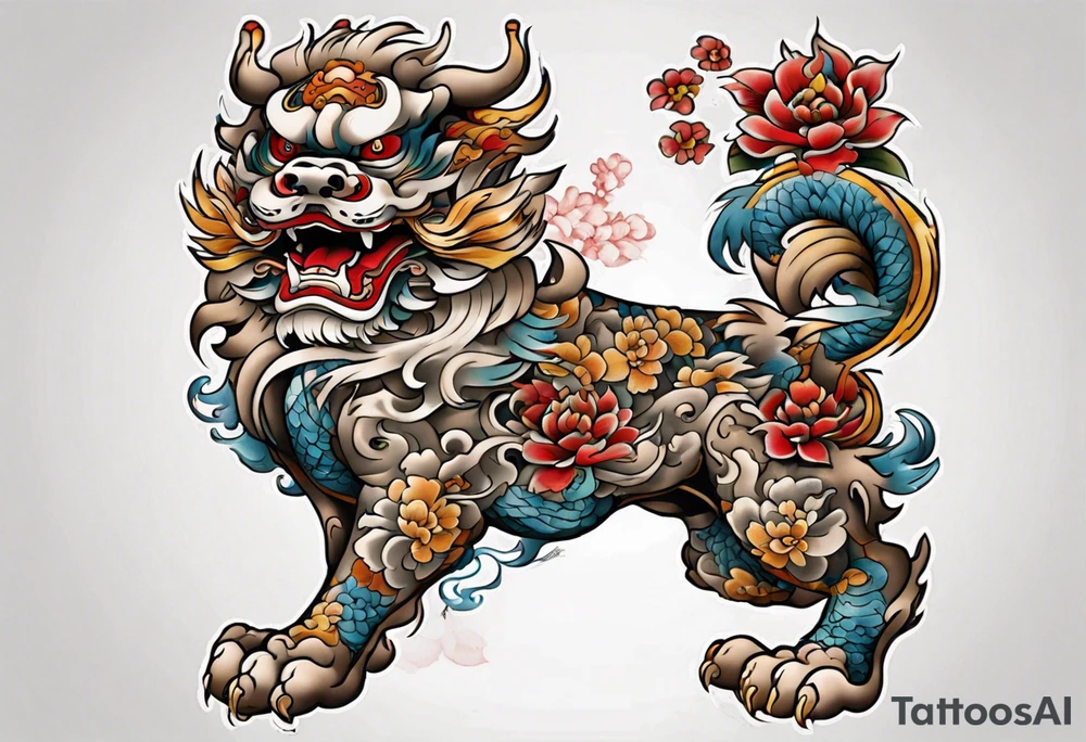 Full body Foo dog left leg sleeve tattoo idea