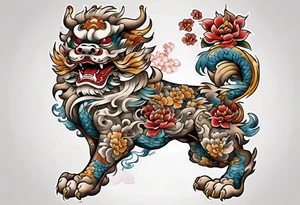 Full body Foo dog left leg sleeve tattoo idea