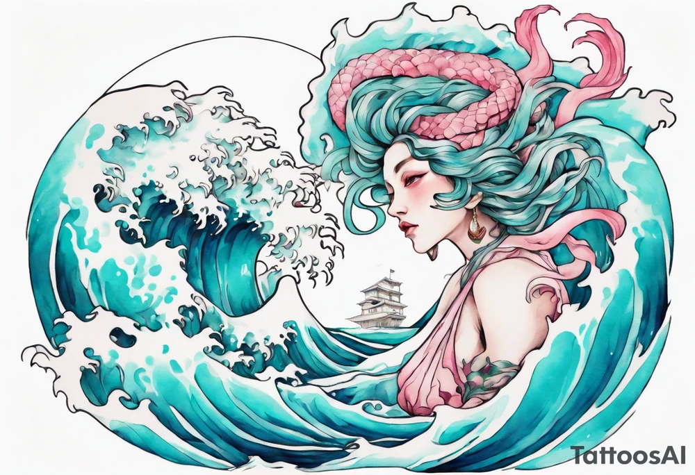 a beautiful turquoise and white and pink Scylla rising from the blue waves of the ocean tattoo idea