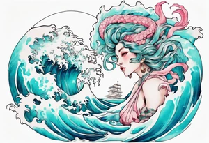 a beautiful turquoise and white and pink Scylla rising from the blue waves of the ocean tattoo idea