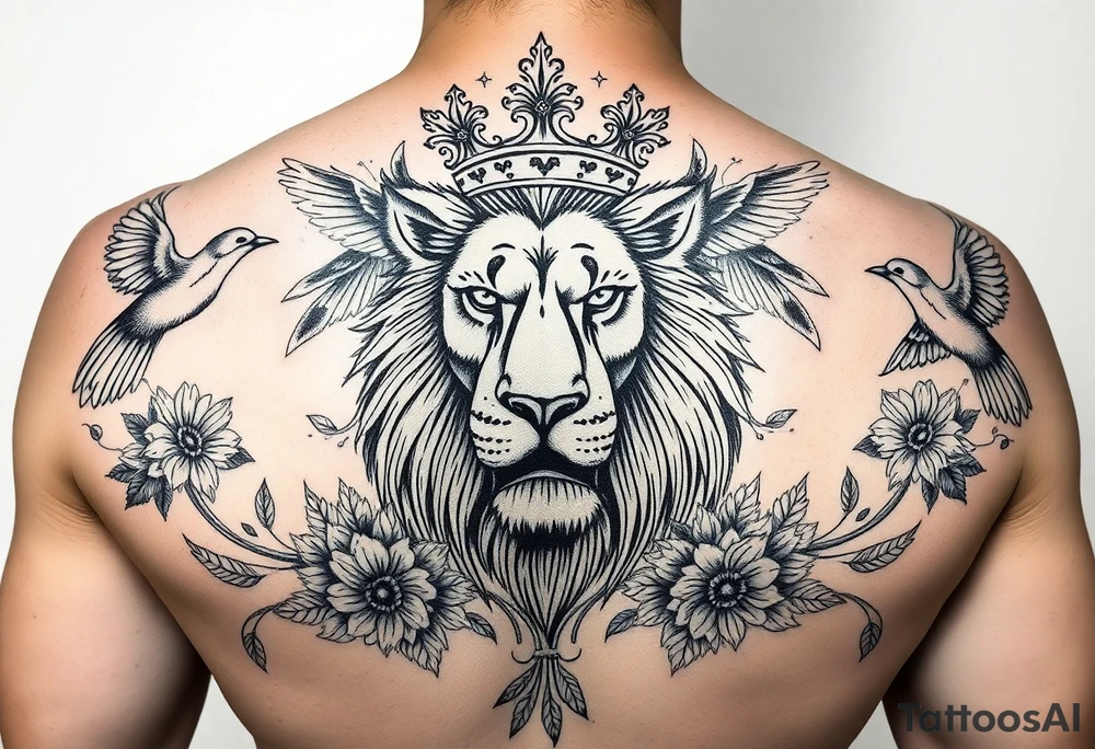 powerful majestic lion with a crown, surrounded by floral ornaments and birds tattoo idea