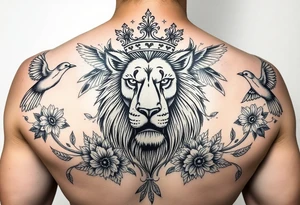 powerful majestic lion with a crown, surrounded by floral ornaments and birds tattoo idea