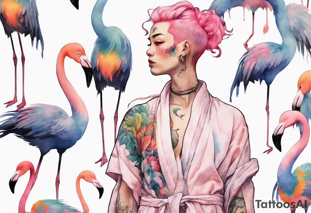 a nonbinary person with pink hair and a rainbow robe standing next to a flamingo tattoo idea