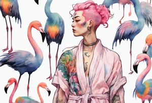 a nonbinary person with pink hair and a rainbow robe standing next to a flamingo tattoo idea