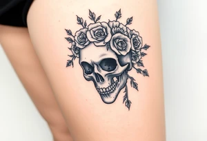 ornate skull adorned with crown of wild roses and thorns tattoo idea