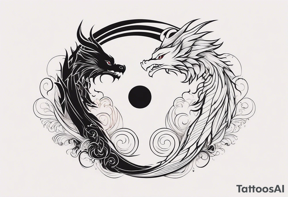 For a Gen Z-inspired dragon and phoenix tattoo, think of a clean, minimalist design that combines symbolism with bold, sleek lines. Imagine a dragon and phoenix spiraling together in a yin-yang-inspired layout. The dragon has a slightly abstract, modern shape, with sharp, flowing lines to show power, resilience, and wisdom, while the phoenix is rendered with sweeping curves and minimal detailing, symbolizing rebirth, growth, and transformation.

Both creatures should interact in a harmonious way, representing balance and duality. To keep it meaningful, focus on line work rather than intricate shading—clear, open spaces allow the tattoo to feel light and energetic. Adding small symbols, like stars or a faint galaxy backdrop, can enhance the "rising from ashes" and "strength through challenge" themes. This design will have a timeless appeal while resonating with Gen Z’s love for symbolism and simplicity. tattoo idea