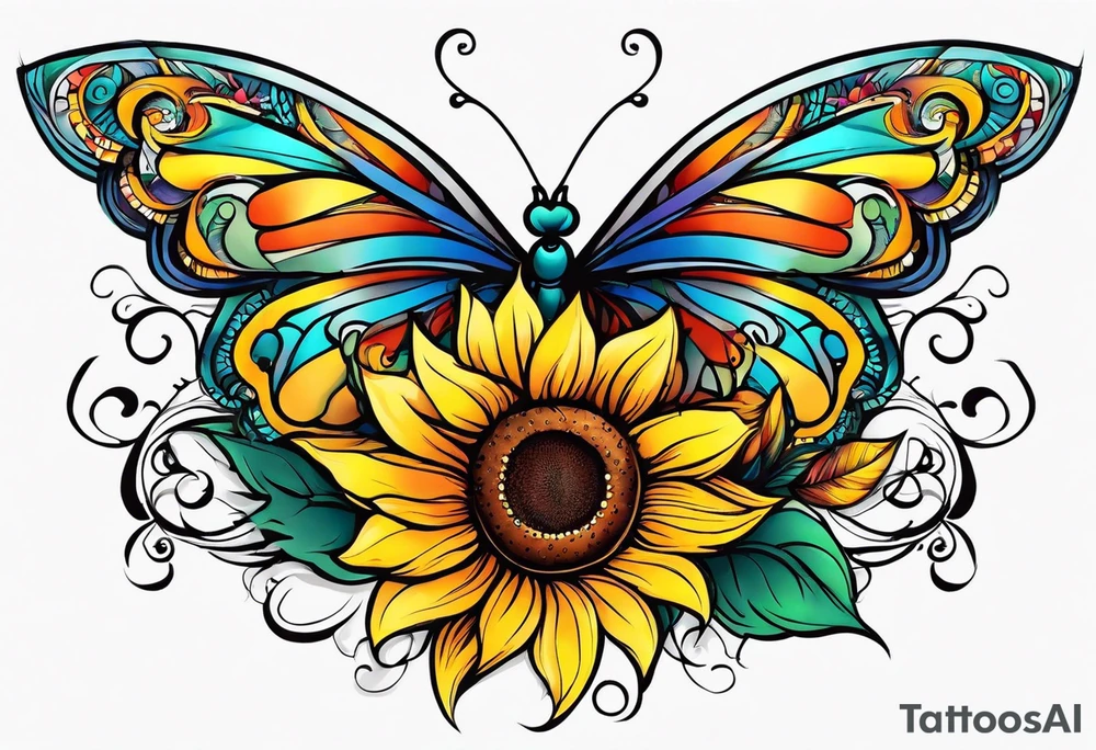 Multi color sunflowers with a butterfly and cross arm sleeve tattoo idea