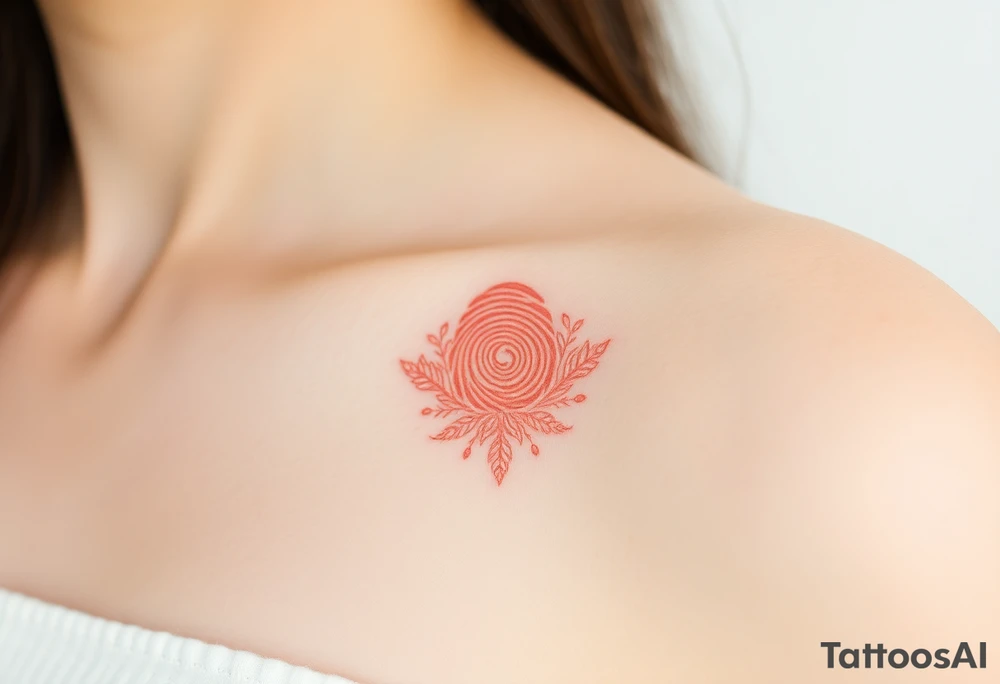A fingerprint with tiny, delicate lace details in soft beige and blush pink surrounding it tattoo idea