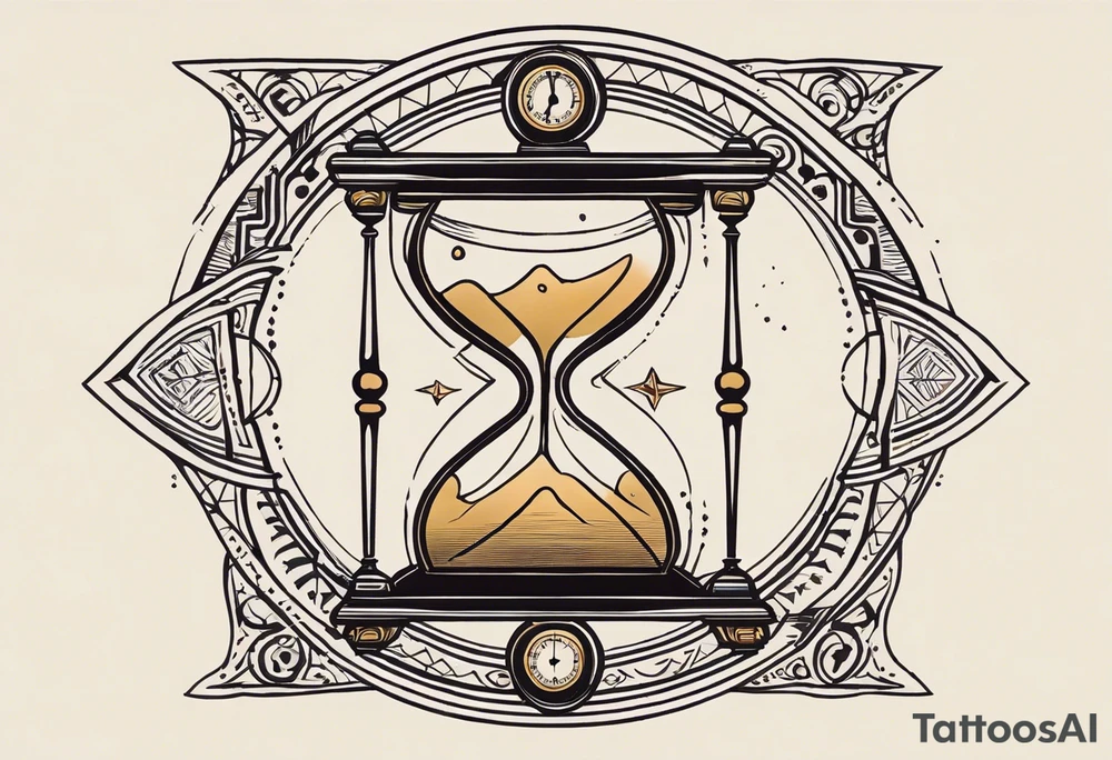 I want a tattoo-inspired design for a t-shirt that features a bold and detailed hourglass with a hand clock in the center, using Amazigh numerals for the clock numbers. The hourglass should have a strong, shaded look, with sharp lines resembling tattoo art. Planets and stars should orbit around the hourglass, giving it a cosmic and timeless feel. The design should be intricate, focusing on the flow of time and the universe, with the planets adding depth and movement. The overall aesthetic should be bold and detailed, in a blackwork tattoo style, without any flowers."black and whit design tattoo idea