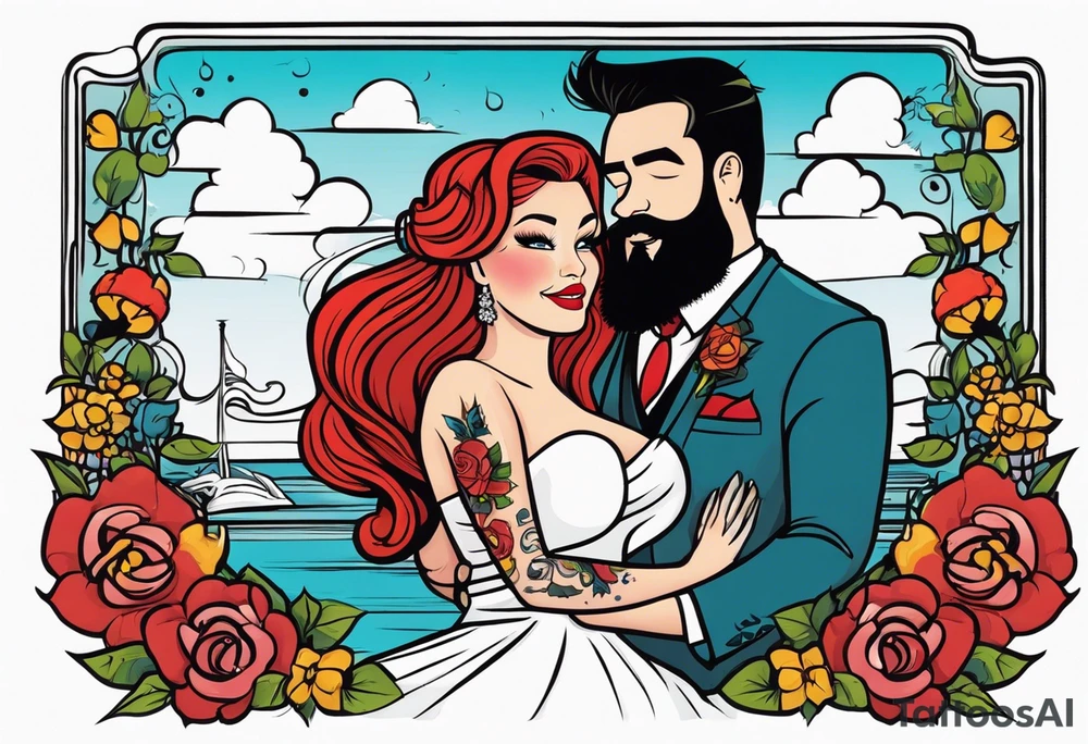 Busty red haired woman with a bearded man who has black hair getting married tattoo idea