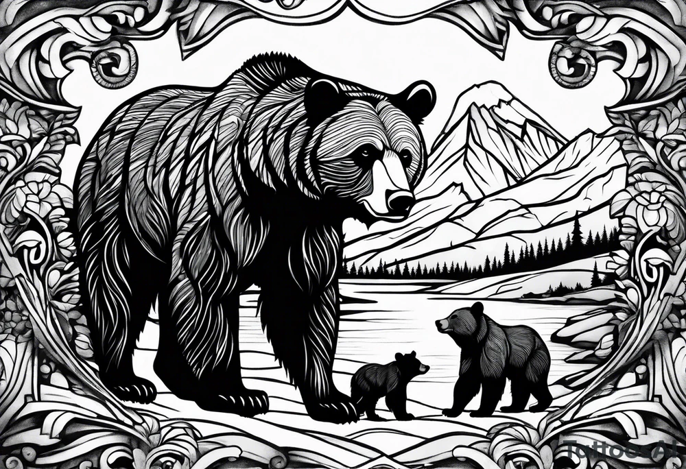 mamma bear and cub with mountains tattoo idea