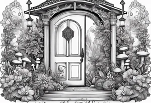 Mystical garden with door and potions and a rabbit and flowers and mushrooms tattoo idea
