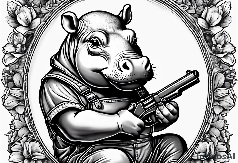 Baby hippo wearing overalls and holding a pistol tattoo idea