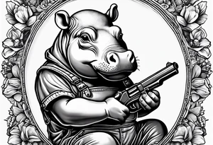 Baby hippo wearing overalls and holding a pistol tattoo idea