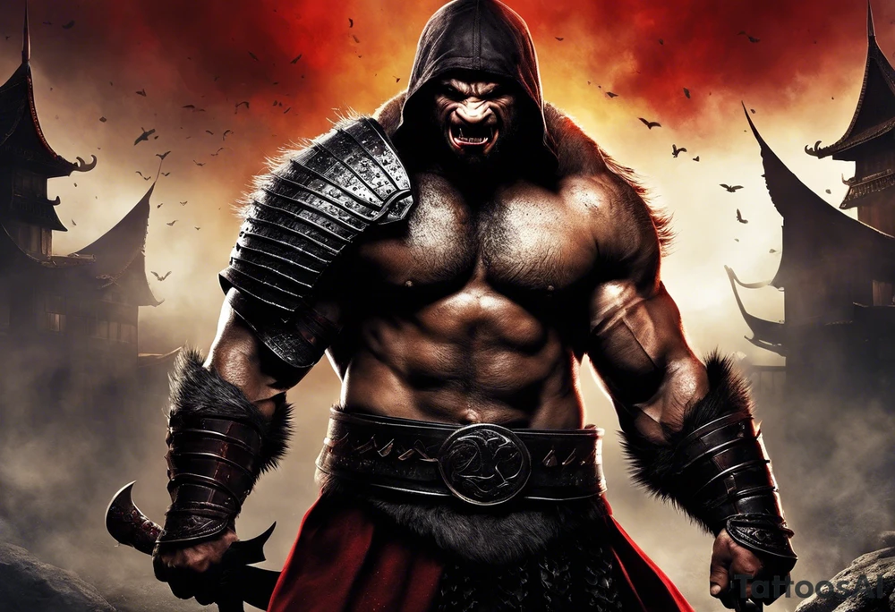 Draw me psychopath Fearless Honey Badger/Berserker with aggressive full body, killer face with a scary smile, very long nails and he attacks like a Bloody Assassin/Warrior/Gladiator to us and also, he has very deadly looking. He fights with his nails only. Everybody scares after their first sight. Give me horror type Badger Tattoo. I want to see his Realistic full body with no weapons. You can show destruction at the back. tattoo idea