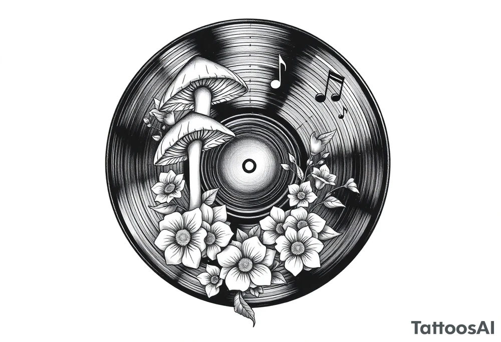 vinyl record with mushrooms, flowers, hearts, and music notes tattoo idea