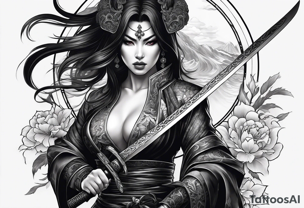 Dark demon woman with katana tattoo idea