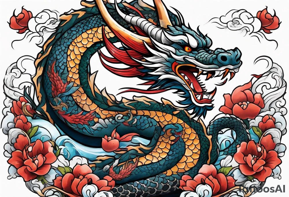 Asian dragon wrapping around an anchor centered on the Korean flag tattoo idea