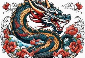 Asian dragon wrapping around an anchor centered on the Korean flag tattoo idea