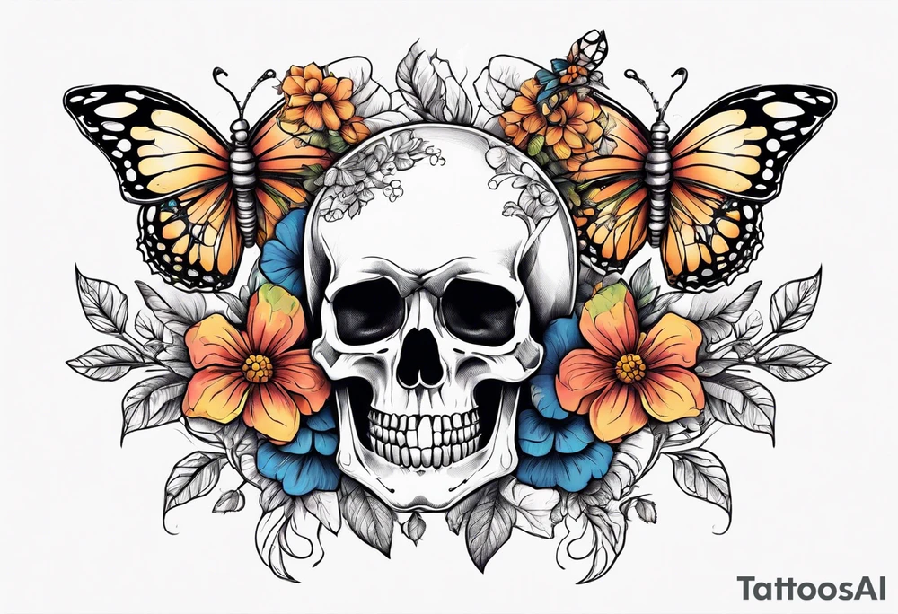 skeleton body with flowers around it vintage sketch pretty and butterflies tattoo idea