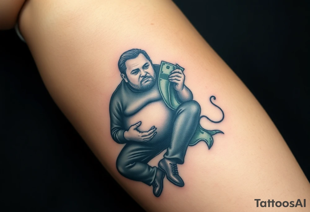 pathetic beta male with disgusting saggy body, fat rolls belly and limp dick on his knees offering money tattoo idea