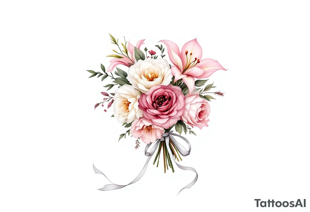 Description: A delicate bouquet of roses, peonies, and lilies tied together with a soft, flowing ribbon. The bouquet is gently resting in the shape of a heart.
Meaning: Represents the beauty and joy of marriage, as well as the bride’s special day.
Colors: Soft pinks, ivory, light green, and a pop of burgundy for depth, with a silver ribbon. tattoo idea
