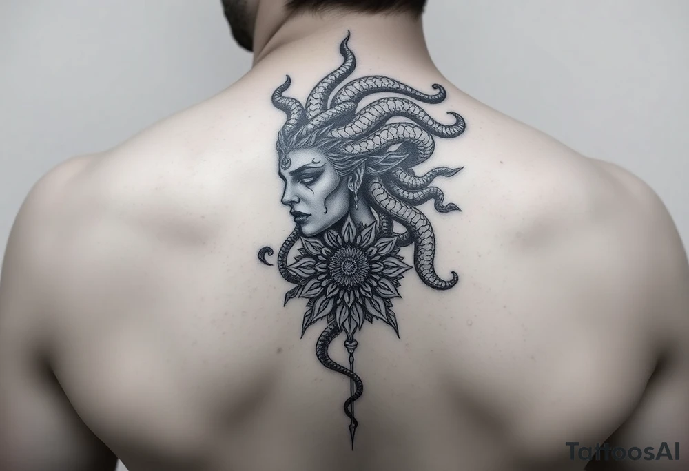 Side portrait of Medusa with mandala tattoo idea