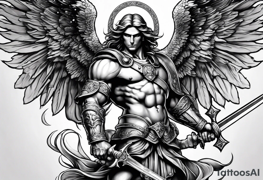 full body saint michael holding a sword slaying a demon tattoo idea