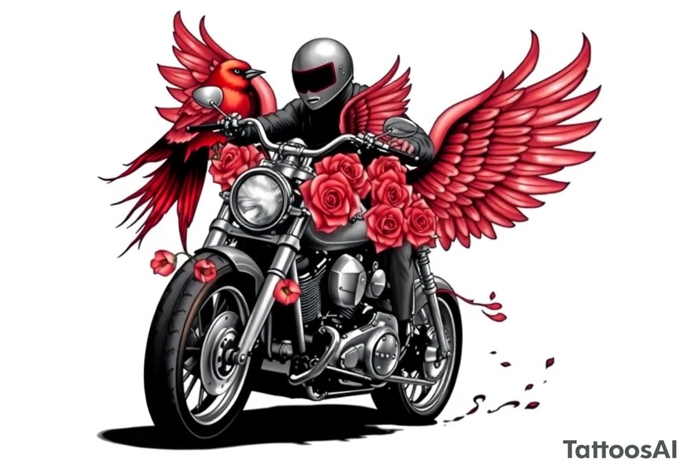 Harley grey motorcycle driving away, two red birds flying, roses, flames, angel wings tattoo idea
