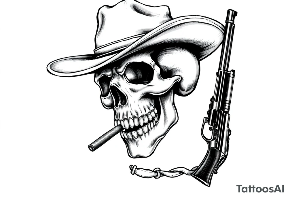 a skull with cowboy-hat and agun in his hand and a cigar in his mouth. tattoo idea