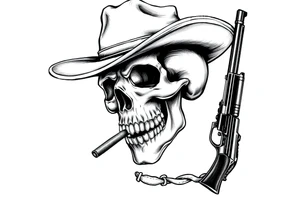 a skull with cowboy-hat and agun in his hand and a cigar in his mouth. tattoo idea