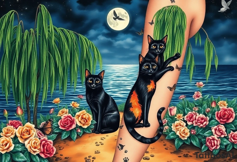 Night time. Ocean.  weeping willow garden with roses and liles flower beds. fantasy creatures, fairies, mermiads, dragons butterflies,  cat paw prints path in dirt. Black and orange cats tattoo idea