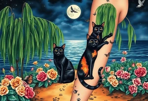 Night time. Ocean.  weeping willow garden with roses and liles flower beds. fantasy creatures, fairies, mermiads, dragons butterflies,  cat paw prints path in dirt. Black and orange cats tattoo idea