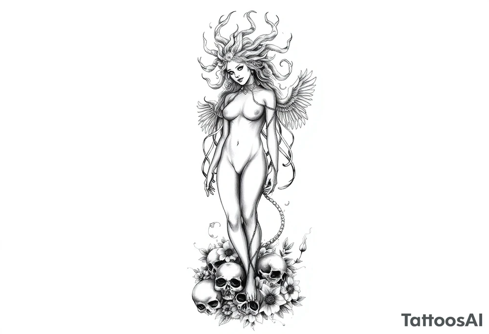 Ethereal Medusa standing. She is beautiful and feminine. She is a phoenix rising from fire and ash. Surrounded by flowers and standing around skulls. Incorporate the phoenix and fire into the Medusa tattoo idea