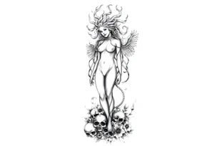 Ethereal Medusa standing. She is beautiful and feminine. She is a phoenix rising from fire and ash. Surrounded by flowers and standing around skulls. Incorporate the phoenix and fire into the Medusa tattoo idea